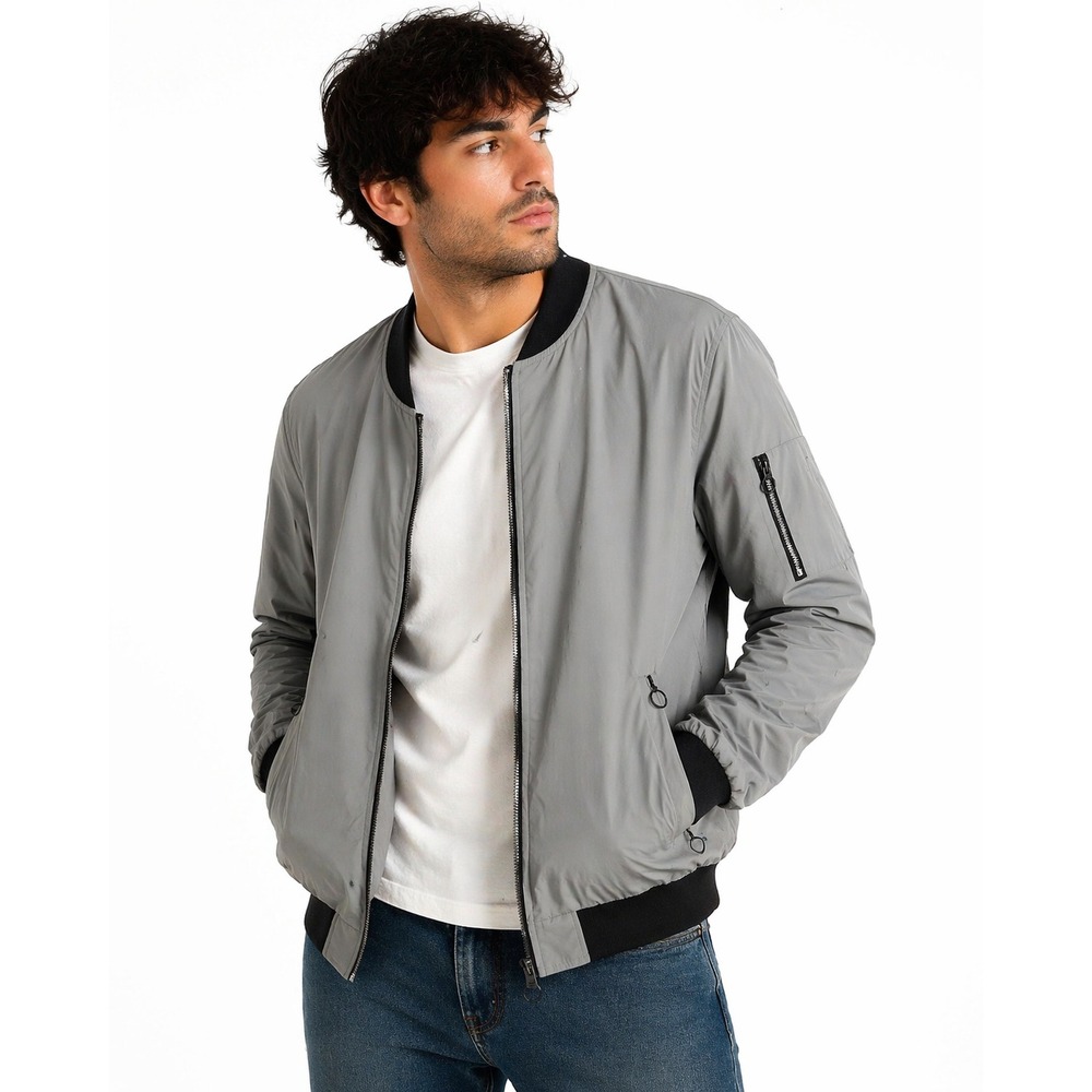 Men Bomber Jacket Gray Lightweight Zip L Casual Streetwear Minimalist Style NWOT